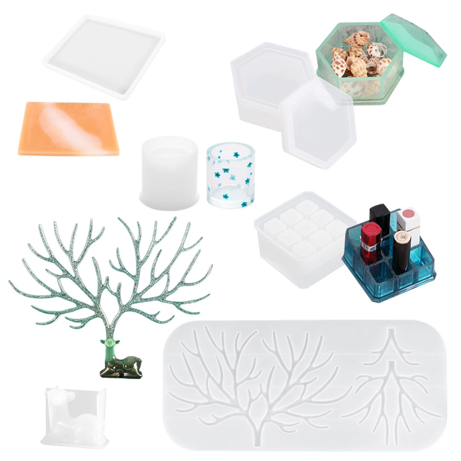 

6 Pieces Silicone Resin Kits Jewelry Box Casting Mould Tools for Epoxy Resin Jewelry Making Coaster, Pen Holder DIY Crafts