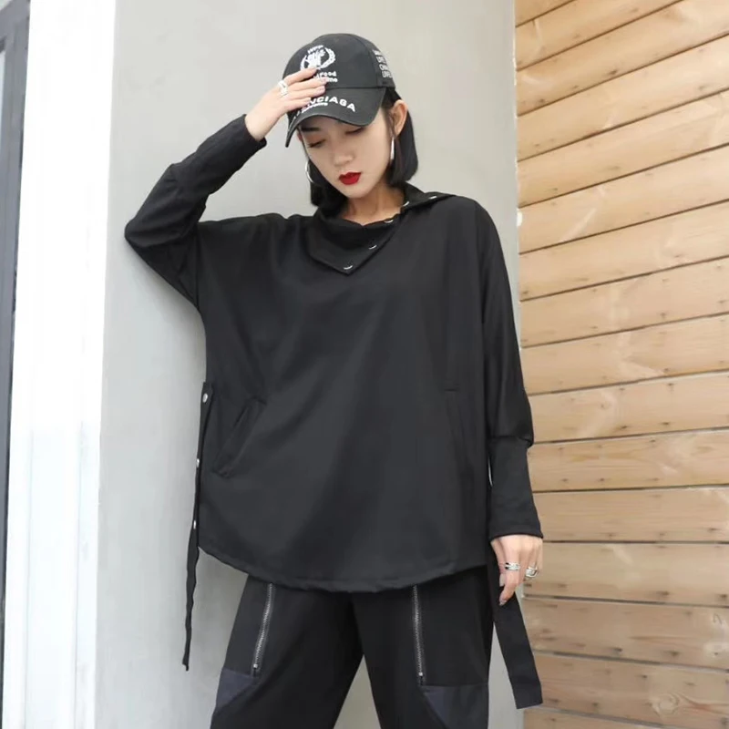 

Drawstring Sweatshirt Fashion Women Black 2020 Autumn Pleated Full Sleeve personality Casual Style Loose Sweatshirt