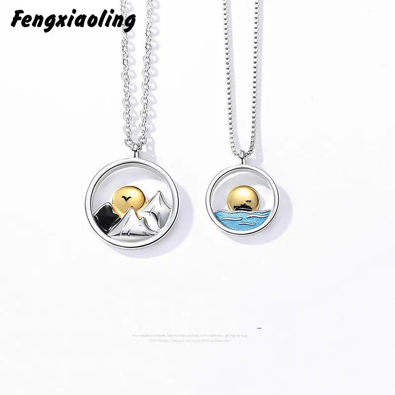 

Fengxiaoling 100% Genuine 925 Sterling Silver Mountain Water Round Pendant Necklaces For Couple Fine Jewelry Cute Accessories