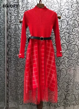 

High Quality Knitted Dress 2020 Spring Style Women Sexy Tulle Mesh Patchwork Long Sleeve Casual Sweater Drss Red Black Color
