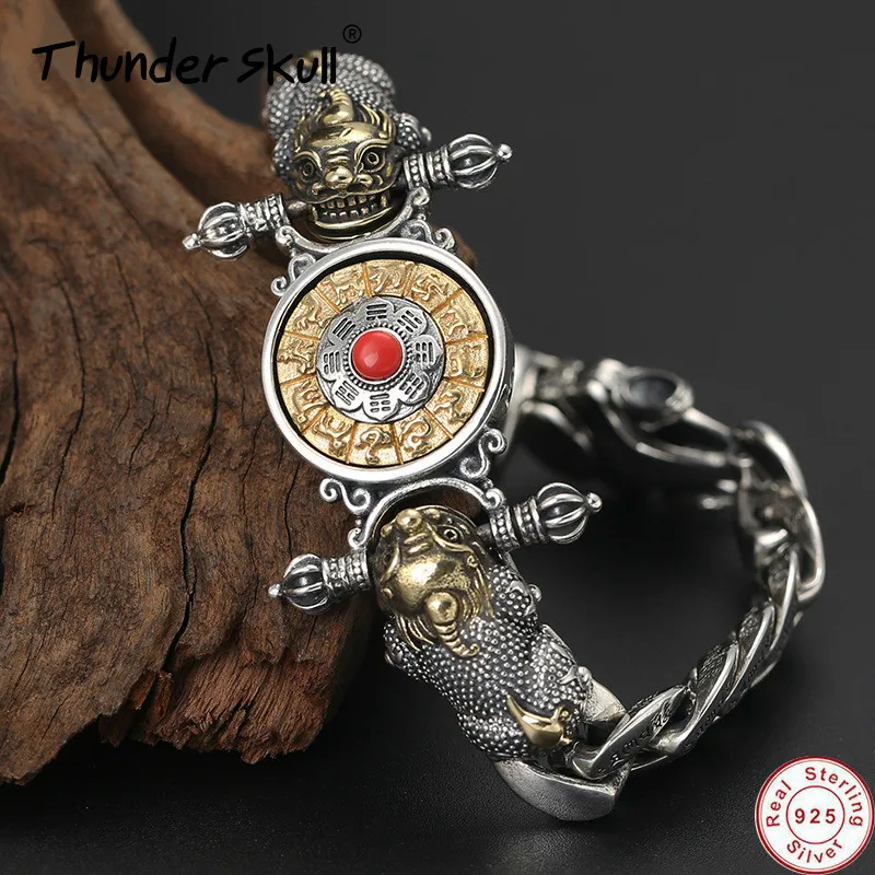 

2019 New Buddha Solid 100% 925 Sterling Silver Men Vajra Zodiac Mantra Lucky Brave Troops Rotatable Bracelet Bangle Jewelry