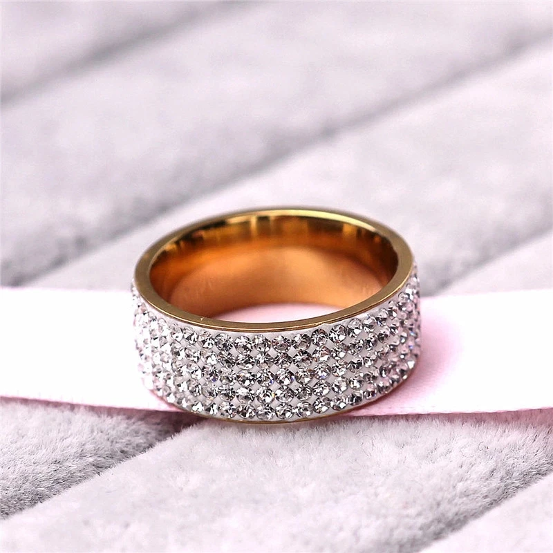 Stainless Steel Ring 5 Rows Gold Color Crystal Ring Wedding Rings for Women Men Jelwery G-144