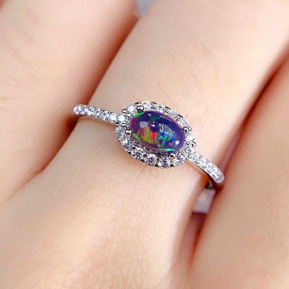 

Hot Selling Silver Halo Ring Natural Fire Black Opal Ring 925 Sterling Silver Jewelry Women Engagement Wedding Adjustable Rings