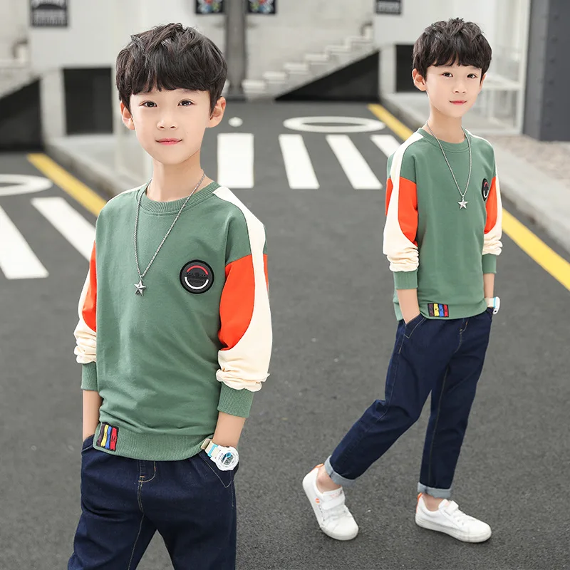 Skup Jesień chłopcy bluzy dla dzieci na co dzień z długim rękawem koszulki z okrągłym dekoltem dzieci bawełniane topy bluzy z kapturem dla chłopców ubrania 4 16Y nastoletnich koszulki