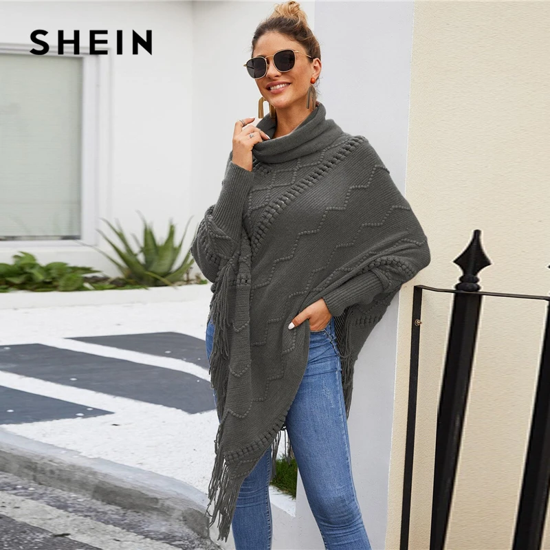 Шеин, высокая горловина, однотонная бахрома, подол, повседневное пончо, свитер, женские топы, Осень-зима, уличная одежда с длинным рукавом, женские удлиненные свитера