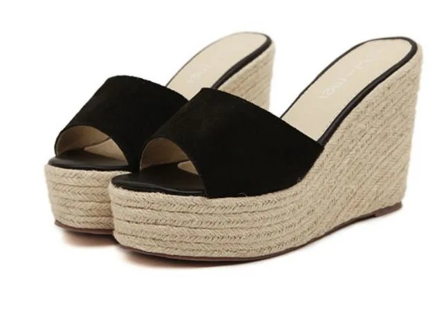 

Summer New Style Slanted Heel Platform Thick Bottomed Dull Polish Sandals Hemp Straw Female Slippers Sandals