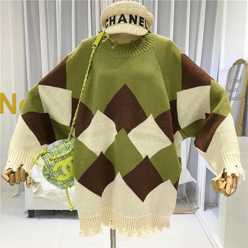 

Geometric Women's Free Knitted Sweater Casual O-Neck Women Sweater and Pullovers 2019 Autumn Winter Hole Knitwear Sweater