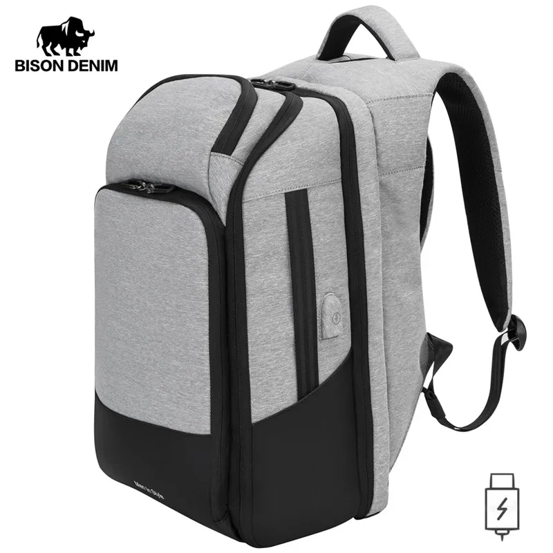 BISON DENIM мужские рюкзаки 17 дюймов рюкзак для ноутбука подростка usb зарядка дорожные сумки Mochila Противоугонная школьная сумка N2765