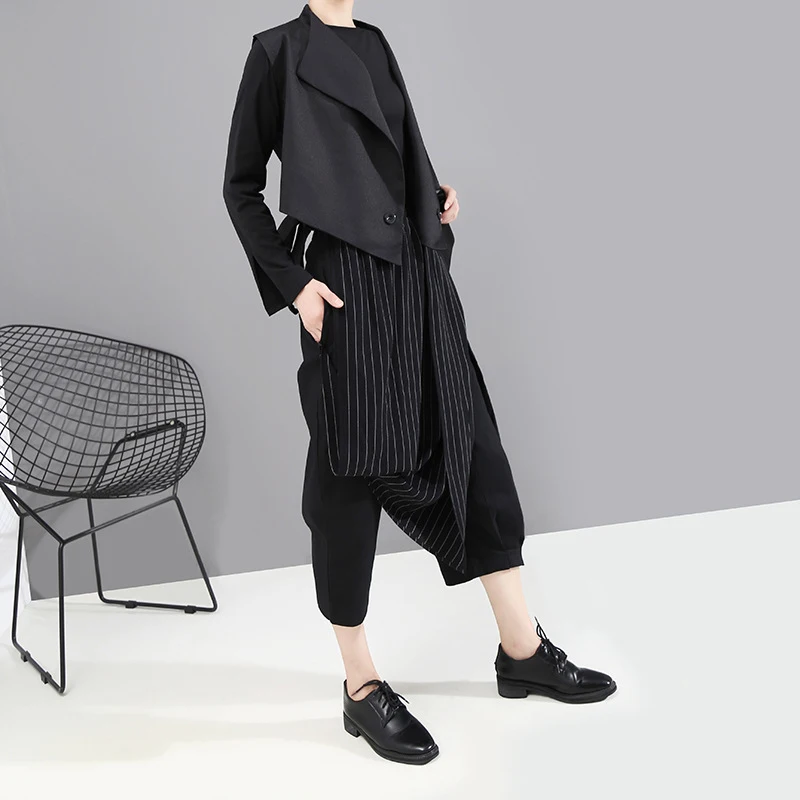 [EAM] High Elastic Waist Striped Black Asymmetric Trousers New Loose Fit Pants Women Fashion Tide Spring Autumn 1A933