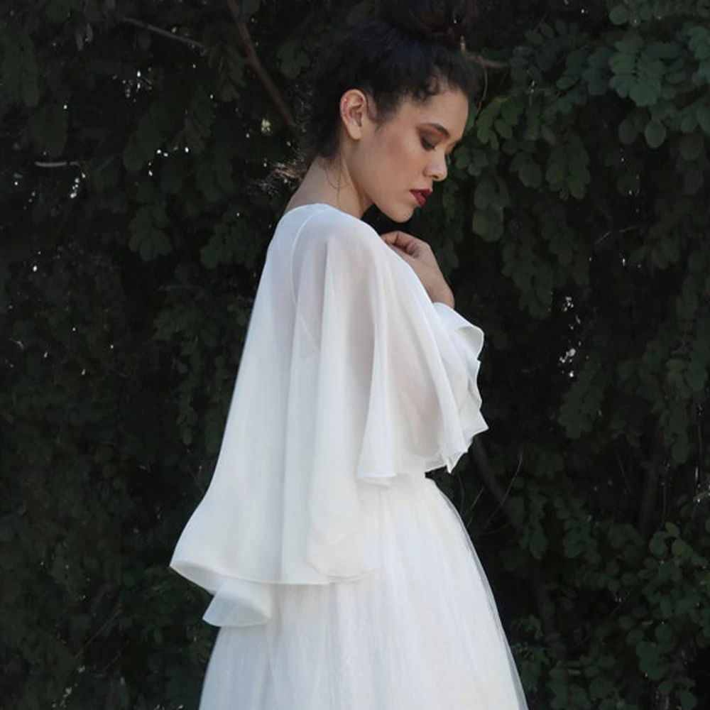 Women Wedding Bolero Soft Lightweight Chiffon Bridal Shawl High Low Formal Shrug Elegant Evening Capes for Lady with Button
