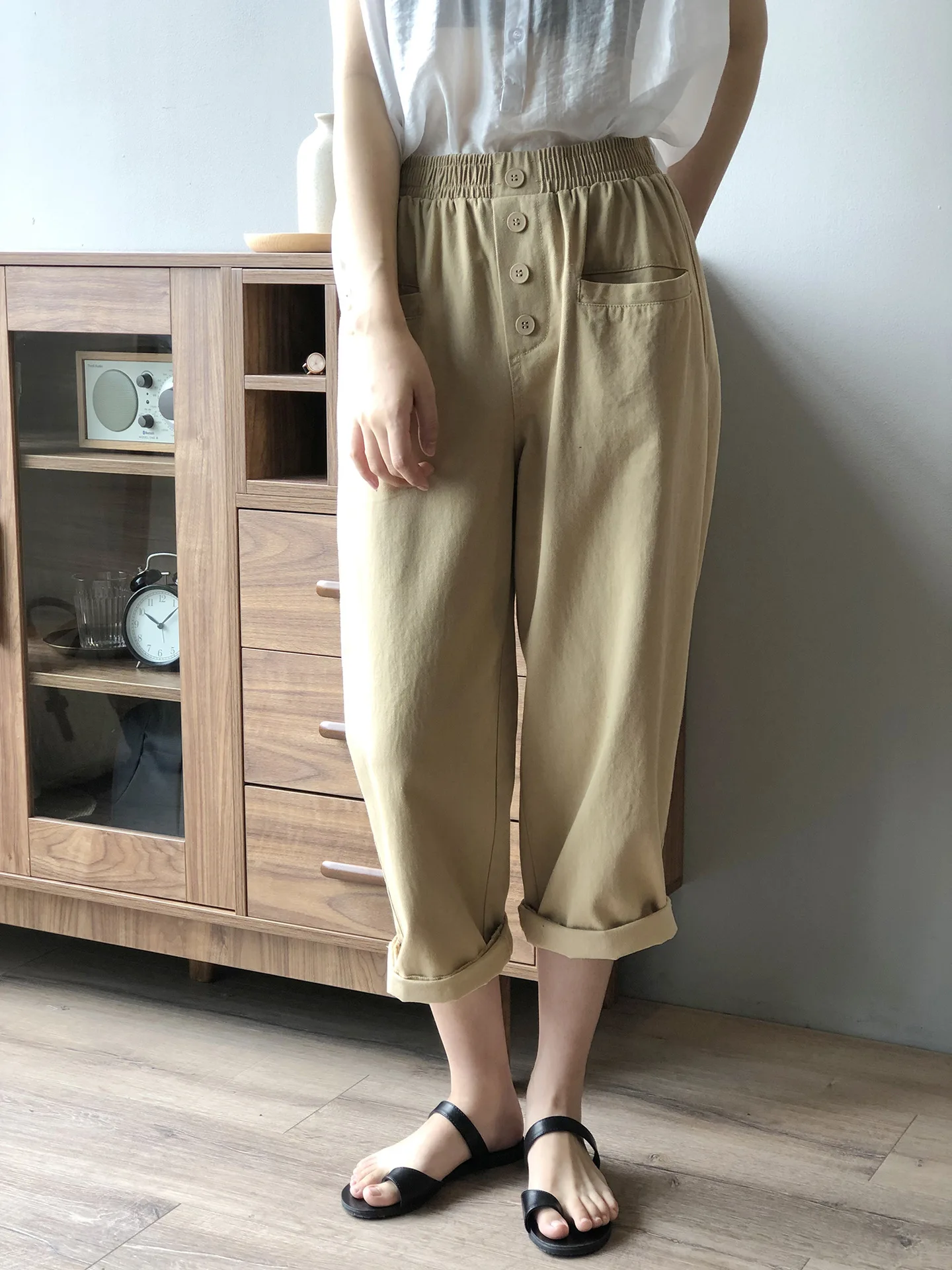 High Waist Wide Leg Pants Women 2020 Autumn New Korean Style Loose Solid Color Elastic Waist Casual Ankle-length Pants
