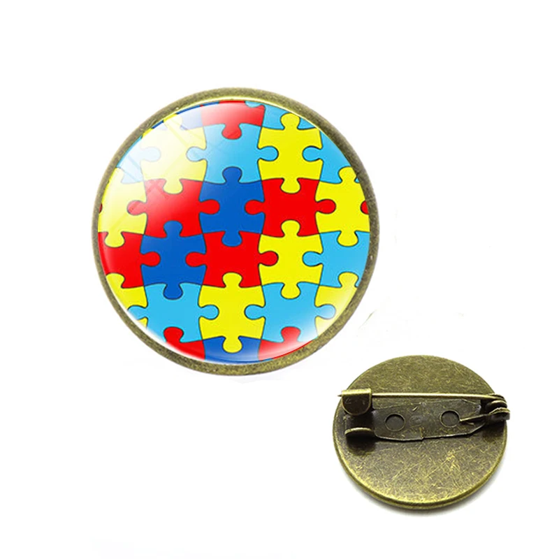 

Puzzle Piece Autism Awareness Brooches Hope Colorful Glass Cabochon Outdoor Survival Paracord Charm Pins Men Women Jewelry