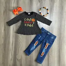 Осень-зима; джинсы для маленьких девочек на День Благодарения; детская одежда; Изысканные красивые наряды с Тыквой и нашивкой; брюки; подходящие аксессуары