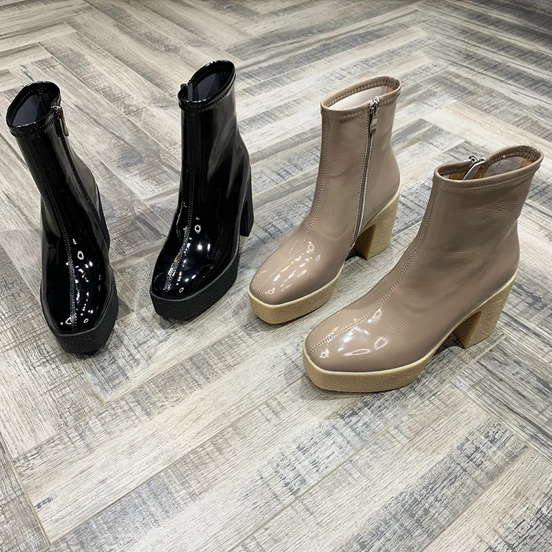 

BELLECOM Women's Shoes Crinkle Lacquer Noodles Cowhide Flange Chalaza Circle Head Waterproof Platform High With Short Boots