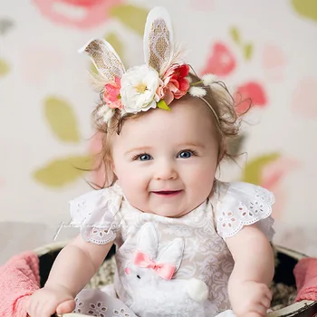 

Artificial Flower Headband Baby Girls Fashion Lace Rabbit Ear Hair Band Newborn Photography Prop Kids Birthday Party Hairband