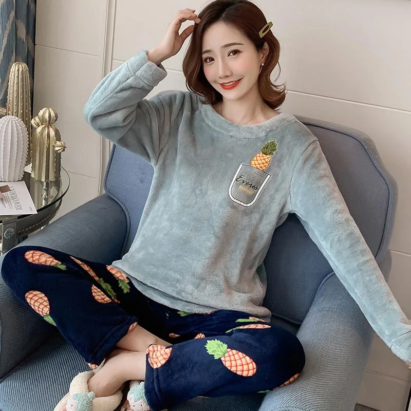 Зимняя пижама из 2 предметов для женщин, теплая плотная Пижама с круглым вырезом, Фланелевая пижама с милым рисунком, домашняя одежда, костюм
