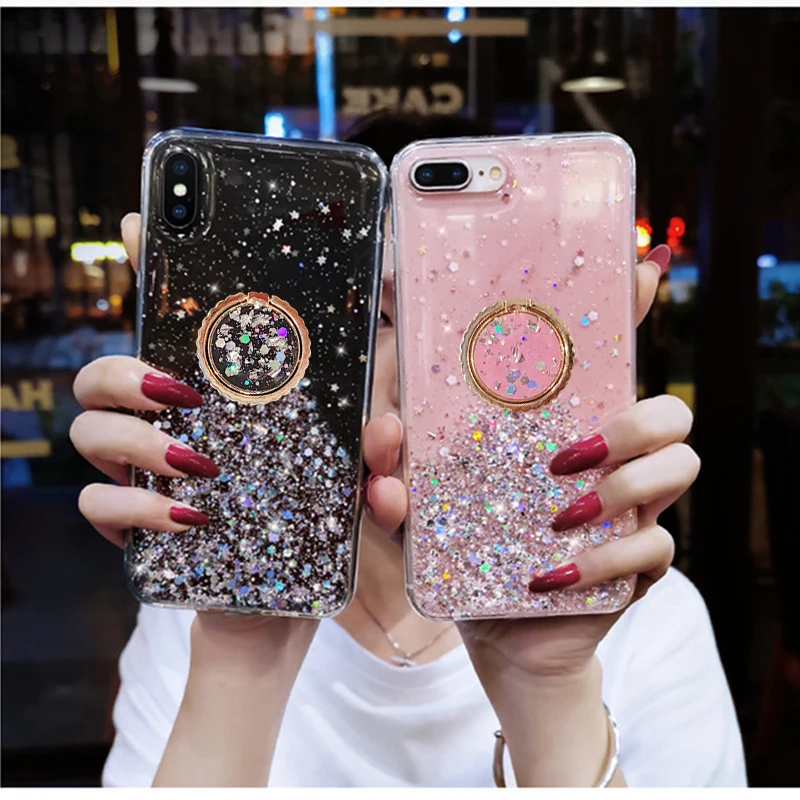 Custodia per telefono con supporto ad anello glitterato per Samsung Galaxy S22 S20 FE S10E S21P S9 Plus S8 Note9 note 10 P Note20 U con retro morbido_voghion.com
