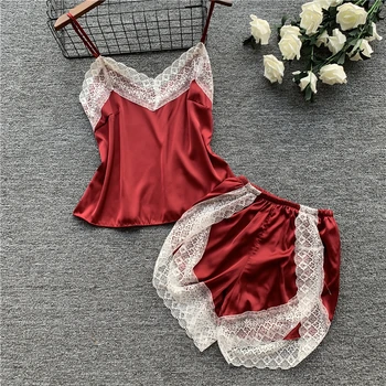 

Lace 2020 Summer Solid Pajamas Pyjamas Women Short Sexy Pijama Mujer Loungewear Home Clothes Sleep Set H936