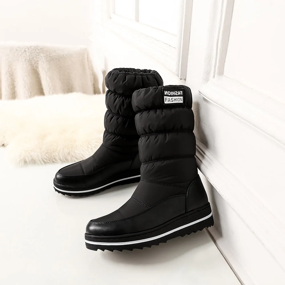 Зимние ботинки; женские зимние ботинки на пуху; водонепроницаемые теплые зимние ботинки до середины икры; женская обувь; женские повседневные ботинки на меху; Botas Mujer - Цвет: Black