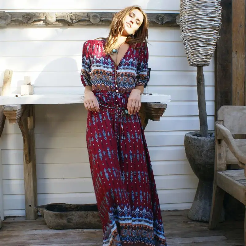 2020 Genuo Beach Long Dress Single Breasted Sexy Womens Bohemian Split Maxi Dress Boho Beachwear For Women
