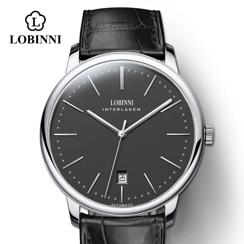 LOBINNI, Мужские автоматические механические часы с чайкой, мужские часы с Т-образным ремешком, люксовый бренд, швейцарские мужские часы, сапфировые, водонепроницаемые, 50 м - Цвет: Silver-Black-Black-s