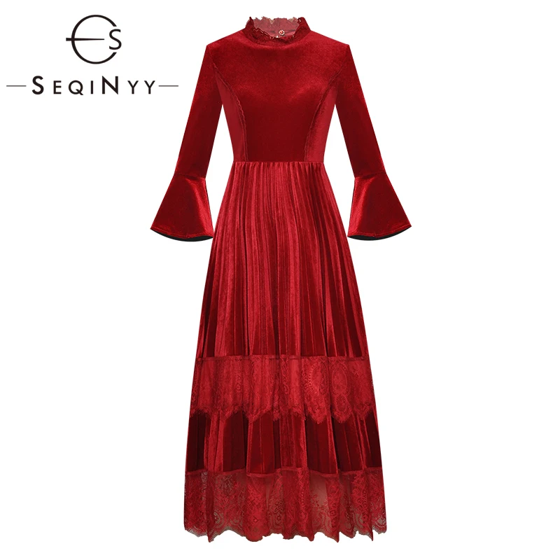

SEQINYY Velvet Dress 2020 Early Spring Autumn New Fashion Design Women Flare Sleeve Lace High Quality A-line Midi Dress