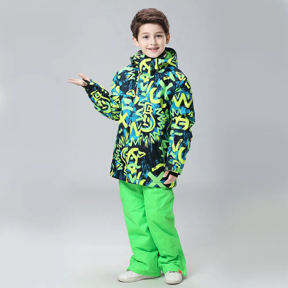 GSOU/Детские лыжные костюмы для мальчиков; зимние теплые лыжные комплекты для сноуборда; ветрозащитная Водонепроницаемая Лыжная куртка и брюки