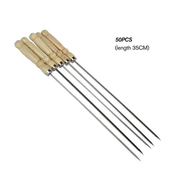 

50pcs Outdoor Picnic BBQ Barbecue Skewer Roast Flat Stick Stainless Steel Needle Wooden Handle Brochette Tong Kebabe Tools