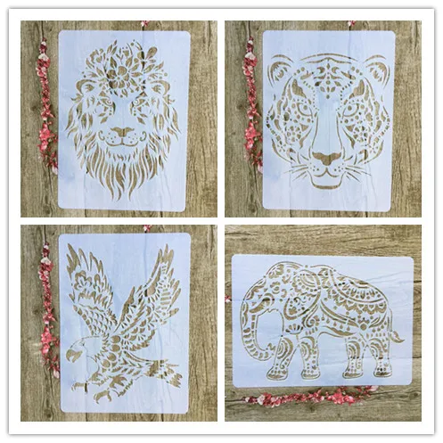 

4pcs / set A4 Tiger lion eagle elephant Stencils Painting Coloring Embossing Scrapbook Album Decorative Template for walls