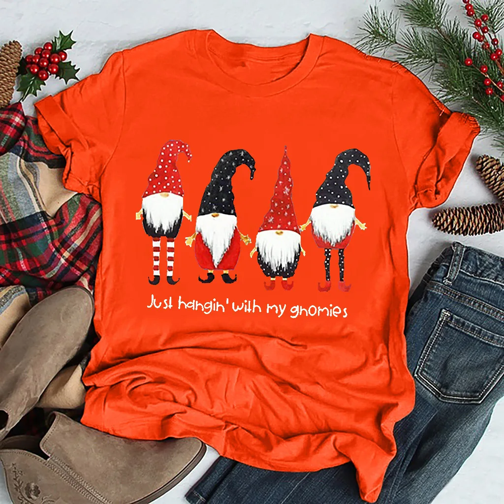 Женские рождественские футболки размера плюс с надписью «Just hahgin'with my ghomies», рождественские хлопковые топы с короткими рукавами и изображением Санта Клауса - Цвет: Orange