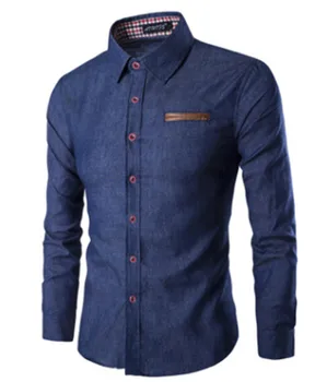 

Fashion Men's Slim Fit Denim Shirt Long Sleeve Shirts Office Causal Blue Solid Men Shirts