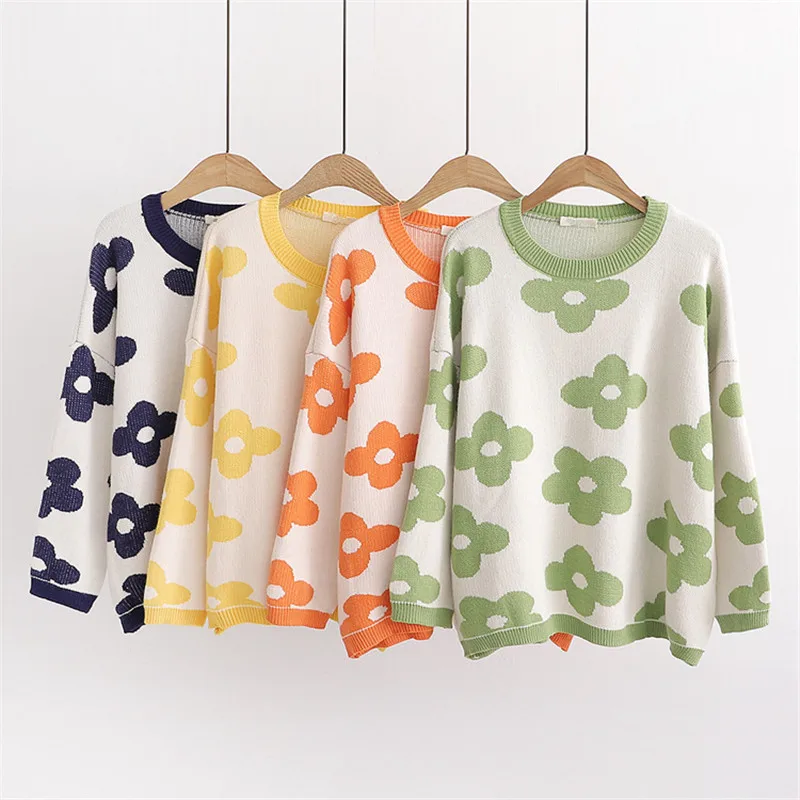

2019 New Autumn winter women fashion Candy colors Flower Knitted sweaters long sleeve o neck pullovers female casual tops