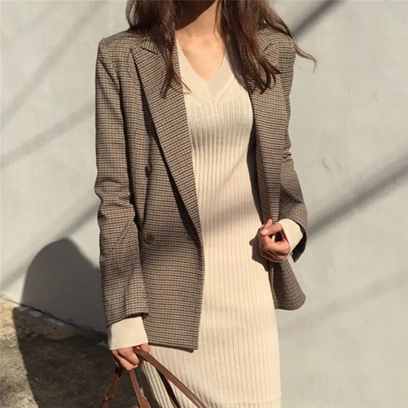 New Fashio Winter Jacket Women Casual Autumn Button Pocket Plaid Long Sleeve Slim Temperament Overcoat Coat куртка женская 4A29 (5)