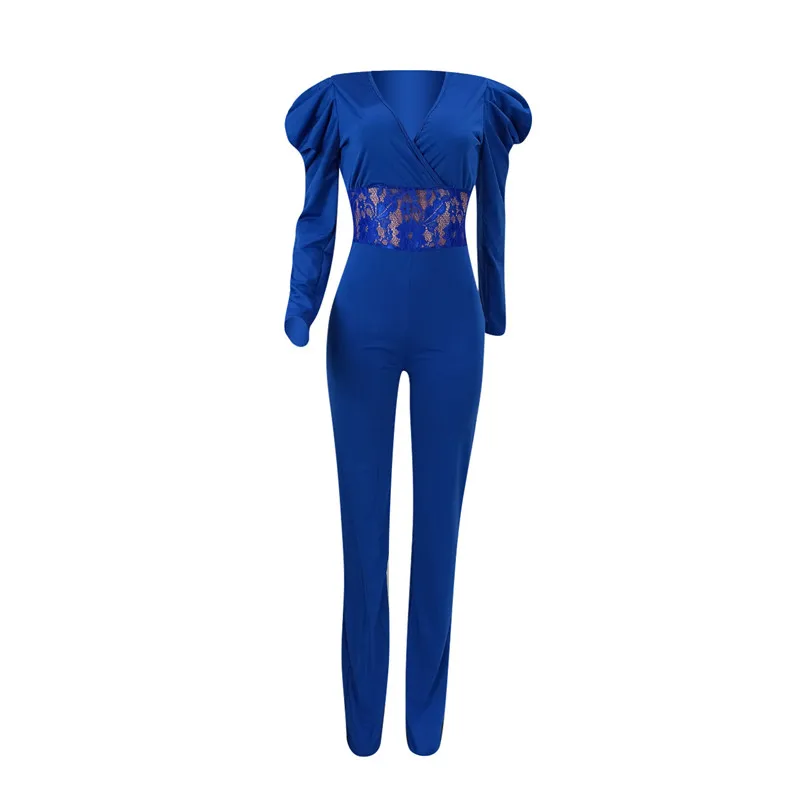 Lace Hollow Out Waist Patchwork Jumpsuit Puff Sleeve Wrap V-neck Bandage Skinny Jumpsuit Office Ladies Casual One Piece Outfits