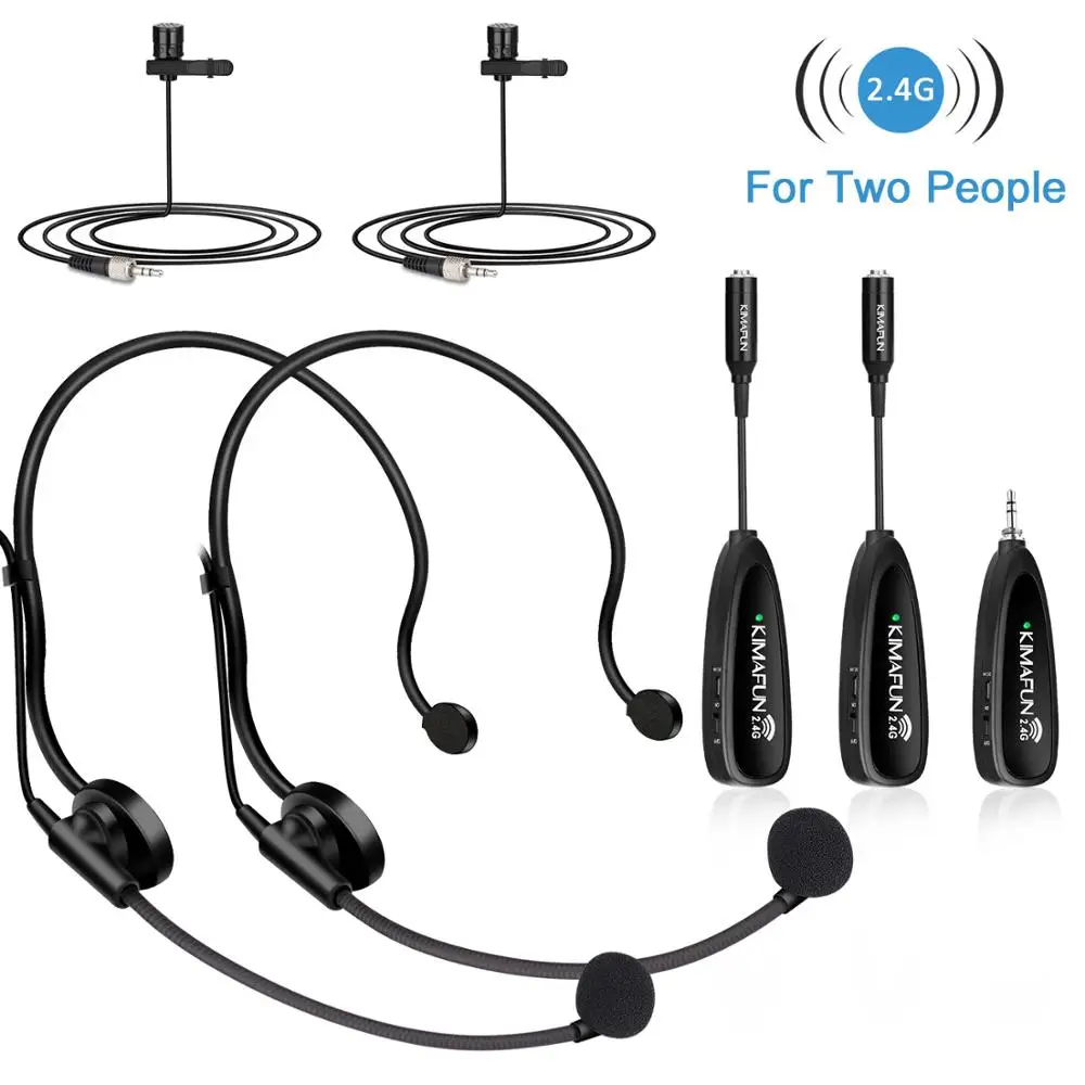 KIMAFUN 2.4G Dual Wireless Microphone System with 2 Headsets & 2 Lapel Lavalier Microphone Free Your hands for Teaching Speech