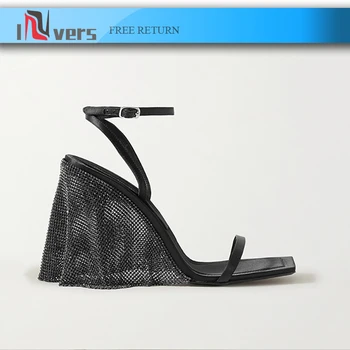 

AW Sandals New Summer Wedges Women's Shoes With Straps Square Head Tassel Rhinestone Sexy High Heels
