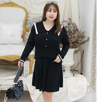 

Women's Spring Two-piece Knit Dress Plus Size Knee Length Casual Dress 100 kg Can Wear