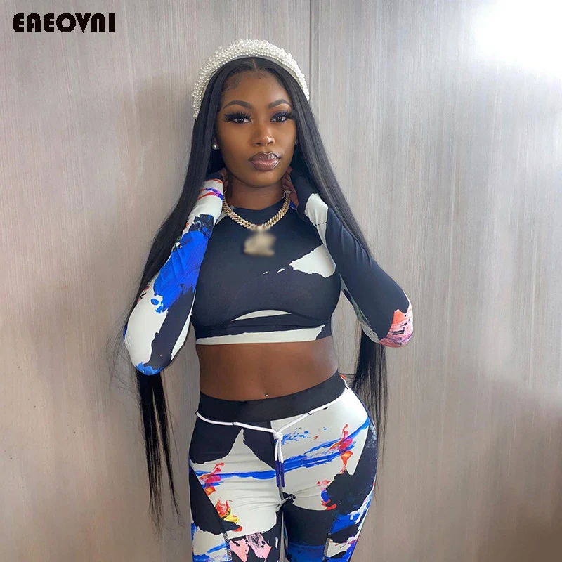 

Dye Print Two Piece Skinny Set Women Suit Summer 2 Piece Biker Long Sleeve Set Women Matching Set Ladies Tracksuit Female