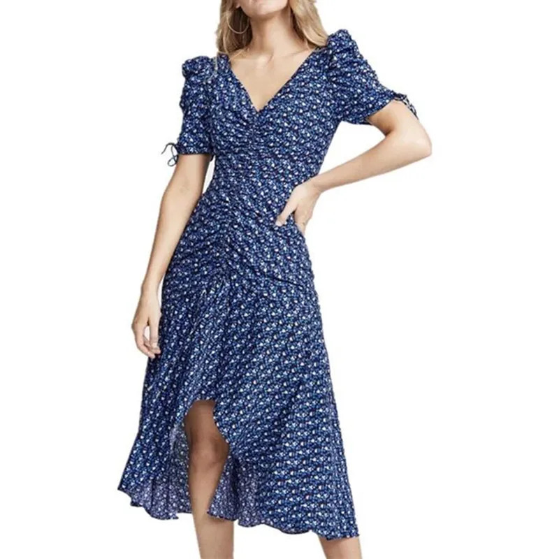

Women Blue Floral Print Dress Drawstring Short Sleeve Irregular Elegant Slim Midi Dress