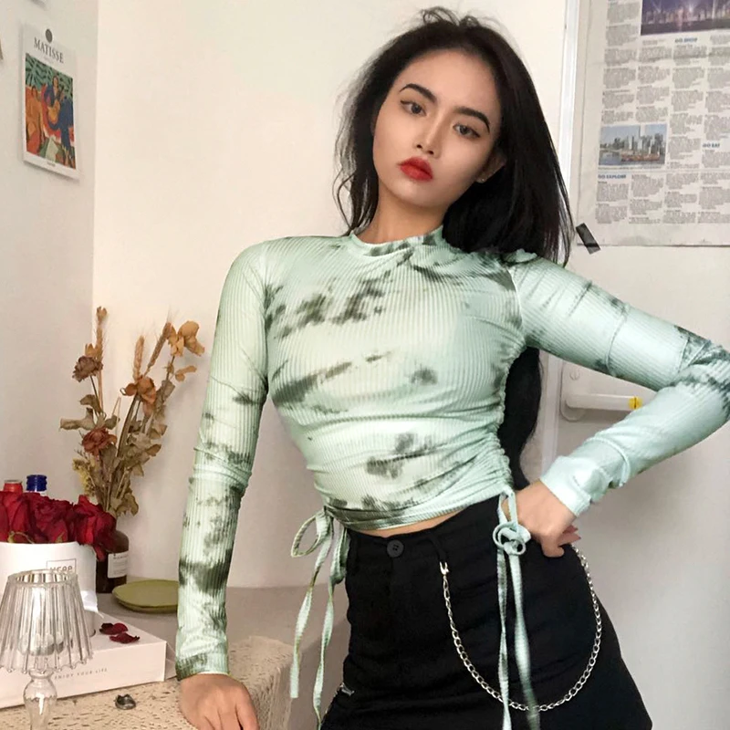 Rockmore Tie Dye Футболка женская облегающая повязка на шнурке рубашки для женщин с круглым вырезом и длинным рукавом Уличная одежда кроп-топ Винтажная Футболка