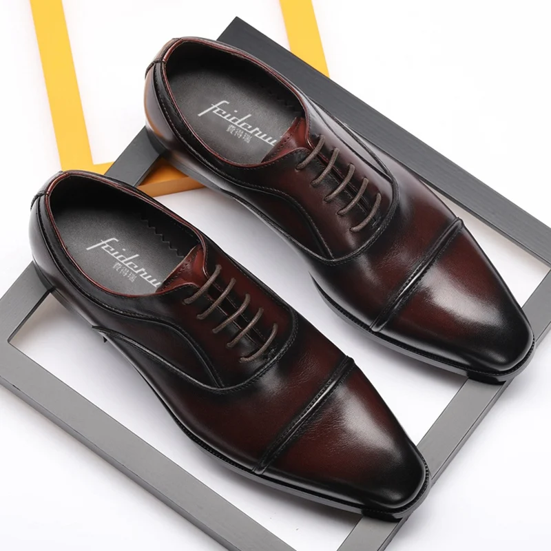 Italian Design Man Handmade Party Wedding Shoes Natural Genuine Leather Men's Pointed Toe Laces Cap Retro Brogue Flats DX155 | Обувь