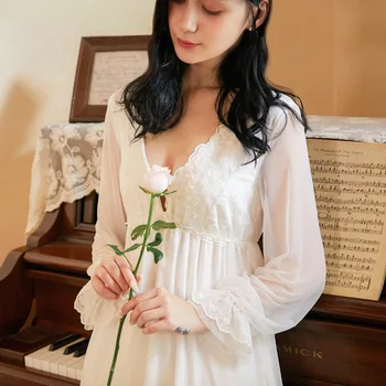 

Long Sleeve Nightgown Female Autumn Modal Cotton Long Sexy Pajamas Palace Clothing Embroidery Lace Princess Nightgown Winter