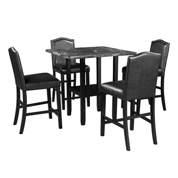 

5 Piece Dining Set with Matching Chairs and Bottom Shelf for Dining Room, Black Chair+Black Table