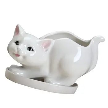 

1PC Cartoon Cat Ceramic Flowerpot Desktop Animal Planter Gardening Pot (White)