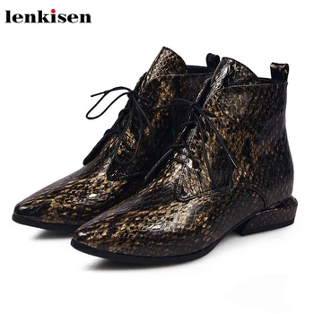

Lenkisen new gorgeous print snake cow leather pointed toe med heels lace up winter fashion women modern vintage ankle boots L5f3