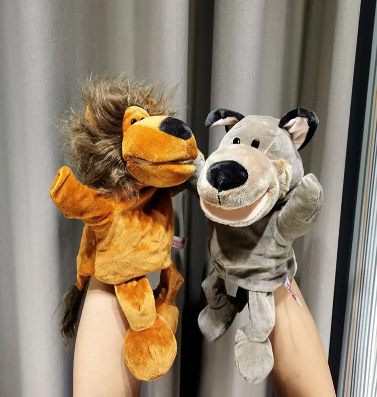 Animal Hand Puppet Plush Toys Wolf Lion Panda Raccoon Educational Story Doll Toy 30cm animal finger puppet
