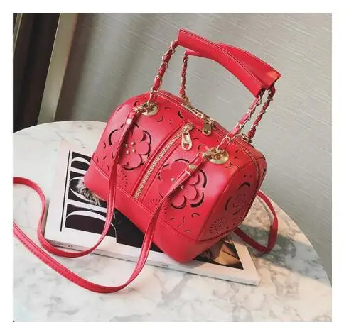 Выдолбленные цветы заклепки высокое качество дизайнерская женская сумка Бостонская кожаная сумка женская сумка через плечо женская сумка 3 цвета - Цвет: red
