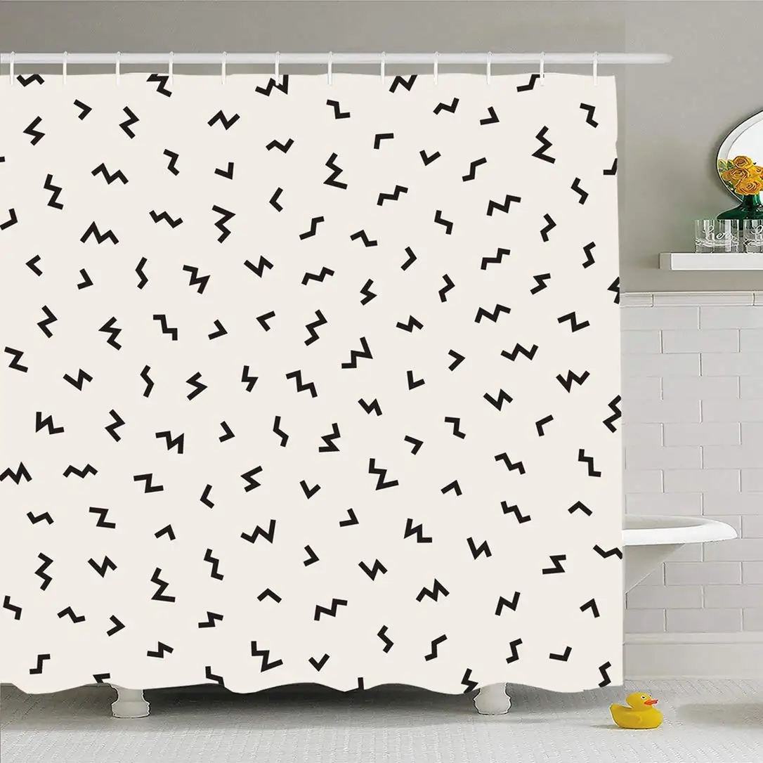 

Shower Curtain Set with Hooks 66x72 Trending Black White Lines Memphis Zigzag 90S Abstract Stylish Textures Geometric 80S Random