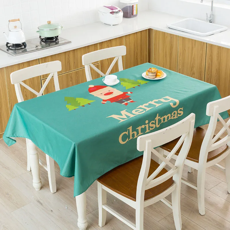 

2020 Merry Christmas Cartoon Santa Claus Deer Tree Green Pattern Waterproof Linen Table Cloth Home Kitchen Decorative Tablecloth