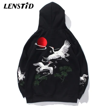 

LENSTID 2019 Autumn Japanese Harajuku Crane Sunset Embroidery Cotton Pullover Hoodies Mens Hip Hop Streetwear Fleece Sweatshirts